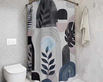 May include: A shower curtain featuring a pattern of abstract shapes, including arches, circles, and botanical leaf silhouettes in shades of charcoal gray, muted blue, and soft pink on a light gray background, suspended from a curved metal rod.