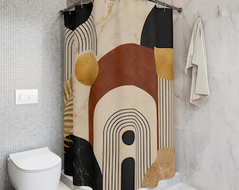 May include: A shower curtain featuring a beige marble-textured background with abstract geometric shapes, including black vertical lines, a large terracotta arch, solid black forms, and gold-toned circular and leaf-patterned accents.