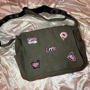 Large Retro Canvas Messenger Bag Army Green Patchwork, Daily Pink Travel Bag, Back to School Shoulder Bag, HandSewn Everyday Crossbody Bag