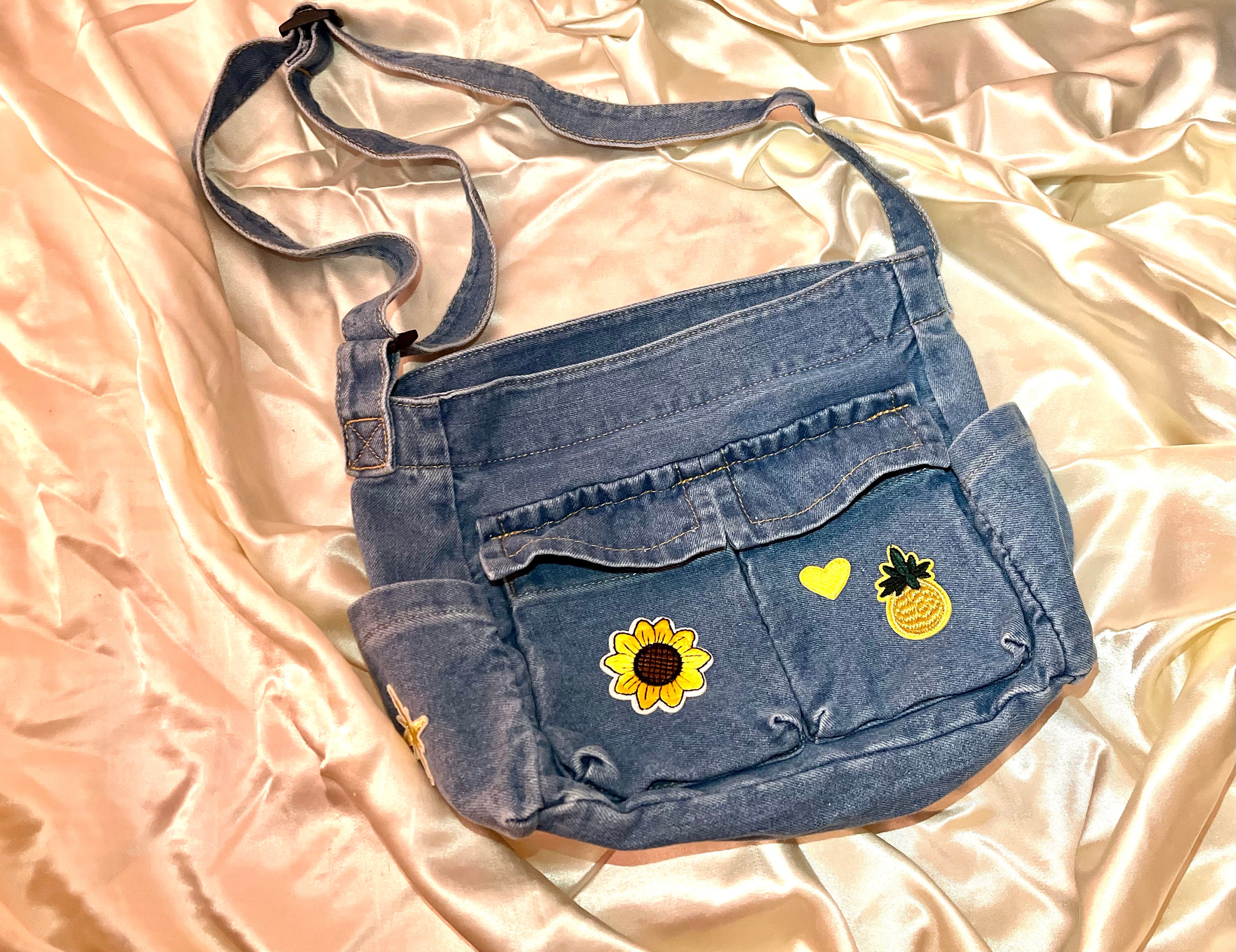 Y2K Retro Denim Yellow Sunflower Patchwork Multi Pocket Casual  
