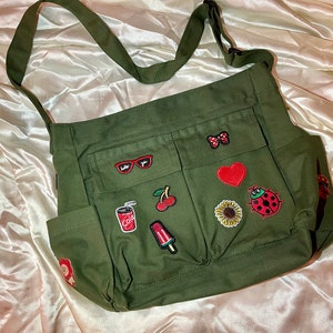 Y2K Large Retro Canvas Messenger Bag Army Green Red Patchwork, MultiPocket Travel Bag, Back to School Shoulder Bag, HandSewn Crossbody Bag
