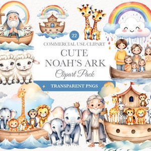 Arche de Noé aquarelle lot, lot de cliparts chrétiens, décoration de chambre d'enfant, clipart religieux, usage commercial, baby shower, fête d'anniversaire PNG