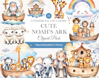 Noahs Ark Watercolor Bundle, Christian Clipart Bundle, Nursery Decor, Religious Clip Art, Commercial Use, Baby Shower Birthday Party PNG