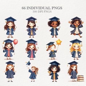 Puede incluir: Doce ilustraciones en acuarela de estudiantes graduados con birretes y togas. Cada estudiante tiene un peinado y tono de piel &uacute;nicos, sosteniendo diplomas, globos o trofeos. El texto "66 INDIVIDUAL PNGS 300 DPI PNGS" est&aacute; en la parte superior.