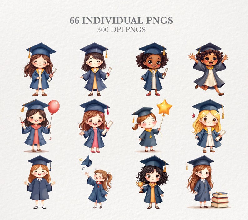 Puede incluir: Doce ilustraciones en acuarela de estudiantes graduados con birretes y togas. Cada estudiante tiene un peinado y tono de piel &uacute;nicos, sosteniendo diplomas, globos o trofeos. El texto "66 INDIVIDUAL PNGS 300 DPI PNGS" est&aacute; en la parte superior.