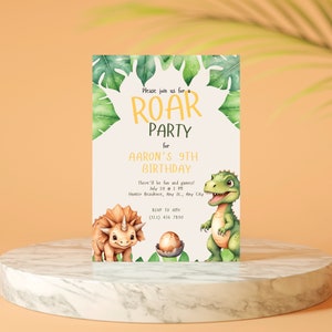 May include: A green and yellow dinosaur birthday party invitation with a green dinosaur and a brown dinosaur with a yellow egg. The invitation says "Please join us for a ROAR PARTY for AARON'S 9TH BIRTHDAY. There'll be fun and games! July 20 @ 2 PM Hunter Residence, Any St., Any City RSVP to ANY (113) 456 7890"
