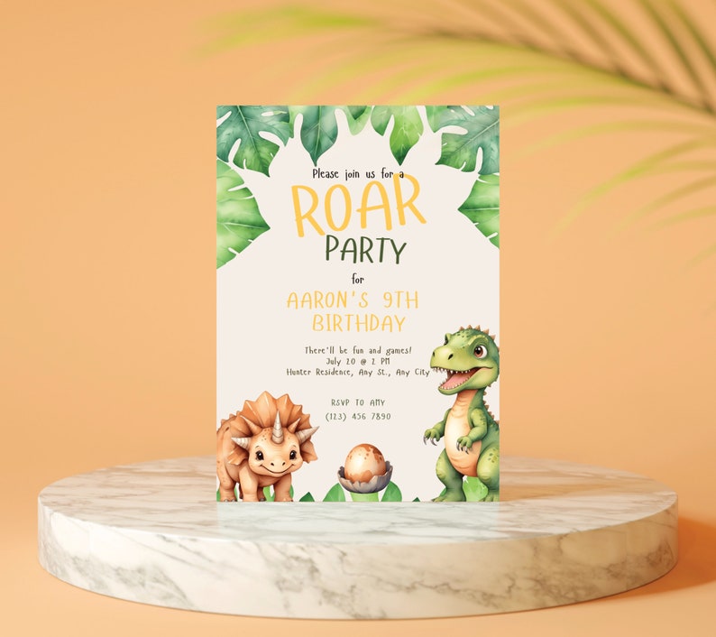 May include: A green and yellow dinosaur birthday party invitation with a green dinosaur and a brown dinosaur with a yellow egg. The invitation says "Please join us for a ROAR PARTY for AARON'S 9TH BIRTHDAY. There'll be fun and games! July 20 @ 2 PM Hunter Residence, Any St., Any City RSVP to ANY (113) 456 7890"
