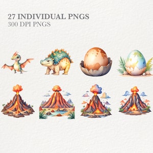 May include: A set of watercolor illustrations featuring a green and yellow dinosaur, a blue and green dragon, a brown egg, a blue and green egg, and four volcanoes with orange lava and white smoke.