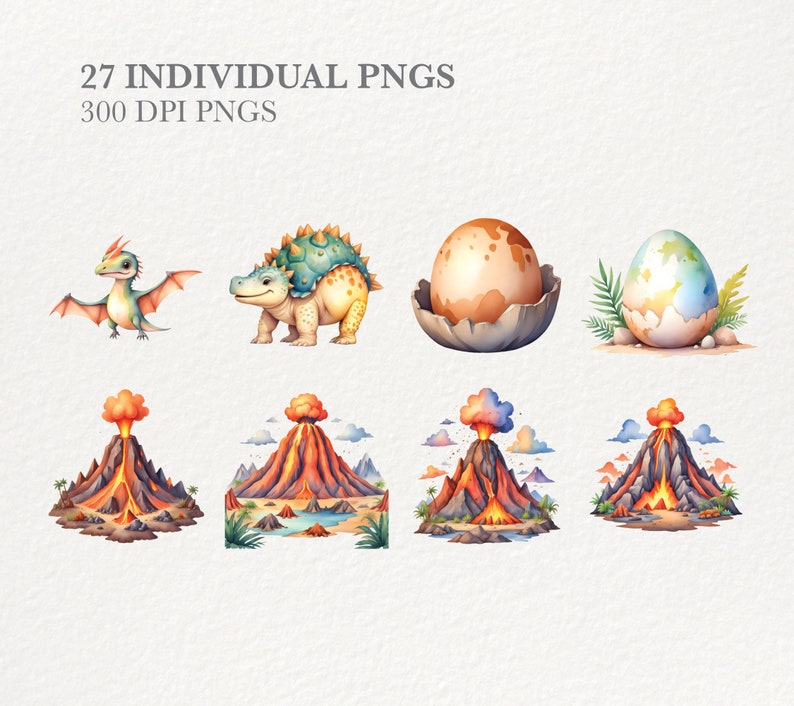 May include: A set of watercolor illustrations featuring a green and yellow dinosaur, a blue and green dragon, a brown egg, a blue and green egg, and four volcanoes with orange lava and white smoke.
