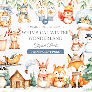 Watercolor Winter Woodland Clipart, Watercolor Christmas Animals , Cute Baby Animals, Digital Download, Cute Forest Animals