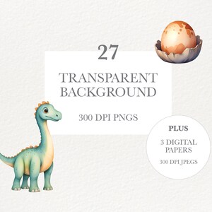 May include: A set of 27 digital illustrations of a green dinosaur and a brown egg with a cracked shell. The illustrations are 300 DPI PNGs and come with 3 digital papers in 300 DPI JPEGs.
