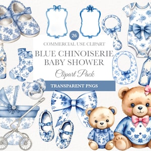 Toile de Jouy-clipart, blauwe toile-clipart chinoiserie png, Franse Toil de Jouy-kwekerij clipart, baby shower clipart, baby boy speelgoed clipart