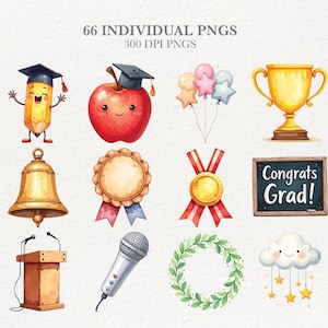 Puede incluir: Ilustraciones en acuarela de elementos tem&aacute;ticos de graduaci&oacute;n. Incluye un l&aacute;piz y una manzana con birrete, globos, un trofeo, una campana, una medalla, una pizarra con "Congrats Grad!", un atril, un micr&oacute;fono, una corona y una nube.