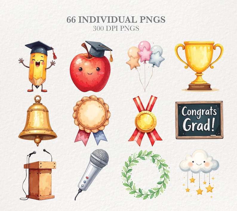 Puede incluir: Ilustraciones en acuarela de elementos tem&aacute;ticos de graduaci&oacute;n. Incluye un l&aacute;piz y una manzana con birrete, globos, un trofeo, una campana, una medalla, una pizarra con "Congrats Grad!", un atril, un micr&oacute;fono, una corona y una nube.