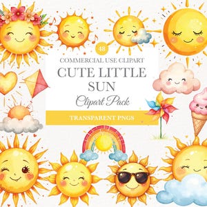 Clipart de sol fofo em aquarela, download digital, arte de berçário, sol de verão, sol feliz PNG, uso comercial, ilustração de sol fofo