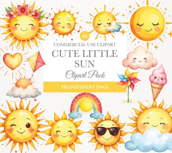 Watercolor Cute Sun Clipart, Digital Download, Nursery Art, Summer Sunshine, Happy Sun PNG, Commercial Use, Cute Sun Illustration