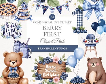 May include: A watercolor clipart pack with a blueberry theme. Includes illustrations of a teddy bear, balloons, a high chair, and text that reads "Berry First Birthday" and "Berry Sweet Birthday".
