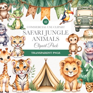 Imágenes prediseñadas de animales de la jungla lindos, animales de safari PNG, imágenes prediseñadas de animales de acuarela, imágenes prediseñadas de baby shower, león, tigre, mono, jirafa, safari lindo