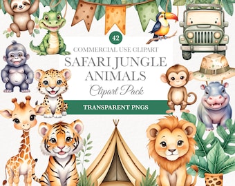 Cute Jungle Animals Clipart, Safari Baby Animal PNG, Watercolor Animal Clipart, Baby Shower Clipart, Lion Tiger Monkey Girrafe, Cute Safari
