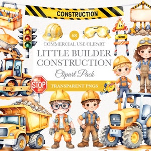 Clipart véhicule de construction, aquarelle pour enfants, bulldozer, grue, camion, décoration de fête d'anniversaire pour enfants, scrapbooking thèmes pour chambre de bébé