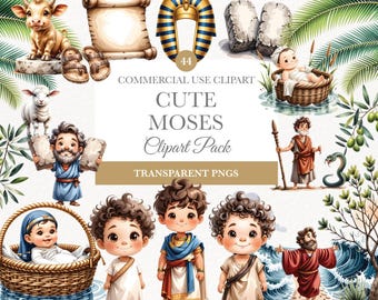 Moses clipart, instant download, bijbelverhaal graphics, religieuze kunst voor kinderen, scrapbooking, schattige Moses illustraties, oude testament clipart