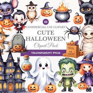 Süßes Halloween Aquarell Clipart Bundle, Hexe Clipart, schwarze Katze, Kürbis Clipart, Kinder Halloween PNG, Halloween Dekoration, Geist, Mumie