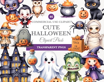 Cute Halloween Watercolor Clipart Bundle, Witch Clipart, Black Cat, Pumpkin Clipart, Kids Halloween PNG, Halloween Decoration, Ghost, Mummy