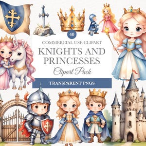 Clipart ridders en prinsessen, sprookjeskasteel, prinses clipart, draken clipart, aquarel middeleeuwen, sprookjesprinses