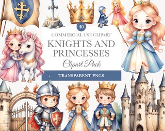 Knights and Princesses Clipart, Fairytale Castle, Princess Clipart, Dragon Clipart, Watercolor Middle Ages, Fairytale Princess
