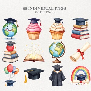 Puede incluir: Ilustraciones en acuarela con tem&aacute;tica de graduaci&oacute;n. Incluye un globo terr&aacute;queo con birrete, cupcakes con gorros, pilas de libros, un libro abierto con rayos de luz, un globo terr&aacute;queo, un diploma, globos, un birrete, una toga y un arco&iacute;ris con un gorro. Texto: 66 PNG INDIVIDUALES, 300 DPI PNG.