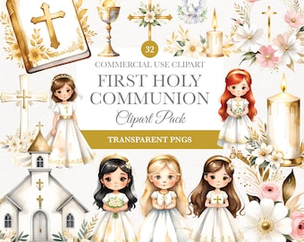 May include: A set of 32 digital clipart images for first communion. The images include a church, a chalice, candles, crosses, doves, flowers, and girls in white dresses. The images are in watercolour style and have a gold and white colour scheme.  "First Holy Communion Clipart Pack" and "Transparent PNGs" are written on the image.
