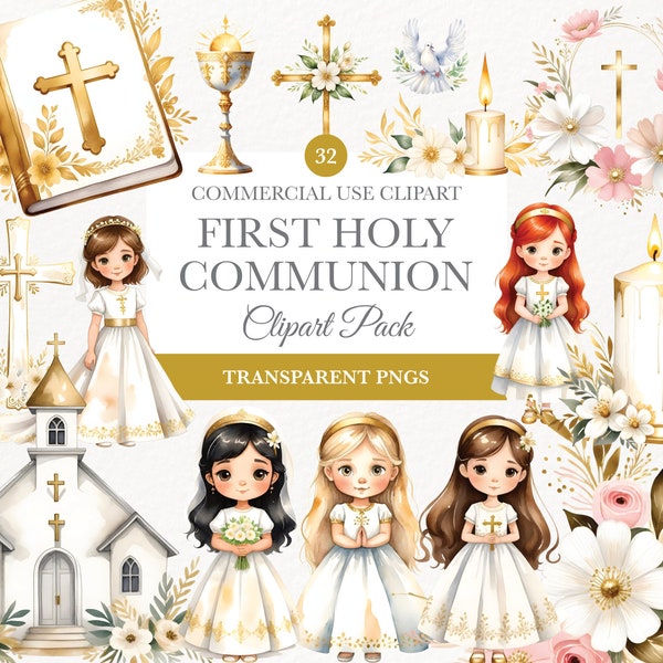 First Communion Clipart, Digital Paper Craft, First Holy Communion Png, Christianity Clipart, Digital Download, Clip Art, Girl Communion