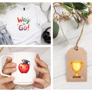 Puede incluir: Una camiseta blanca con el texto "Way to Go!" en letras coloridas. Una taza blanca con una manzana sonriente con birrete. Un trofeo dorado en una etiqueta marr&oacute;n.