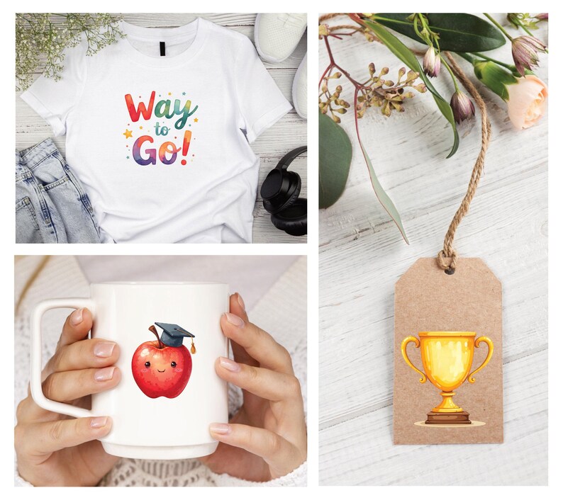 Puede incluir: Una camiseta blanca con el texto "Way to Go!" en letras coloridas. Una taza blanca con una manzana sonriente con birrete. Un trofeo dorado en una etiqueta marr&oacute;n.
