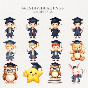Puede incluir: Ilustraciones digitales de personajes con tem&aacute;tica de graduaci&oacute;n, incluyendo ni&ntilde;os, un oso de peluche, un b&uacute;ho, una estrella y un conejo, todos con birretes y togas. La imagen incluye el texto "66 INDIVIDUAL PNGS" y "300 DPI PNGS".