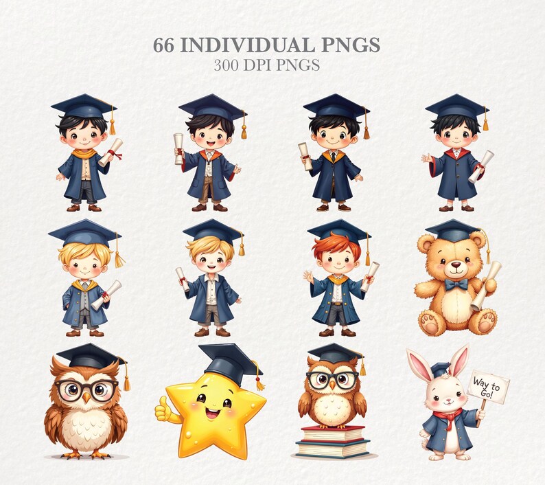 Puede incluir: Ilustraciones digitales de personajes con tem&aacute;tica de graduaci&oacute;n, incluyendo ni&ntilde;os, un oso de peluche, un b&uacute;ho, una estrella y un conejo, todos con birretes y togas. La imagen incluye el texto "66 INDIVIDUAL PNGS" y "300 DPI PNGS".