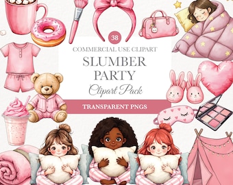 Peut inclure: Ensemble d'illustrations roses à l'aquarelle sur le thème d'une soirée pyjama. Comprend une fille endormie, un ours en peluche, des beignets, un pyjama, une tente et d'autres accessoires. Le texte "Slumber Party Clipart Pack" est également visible.