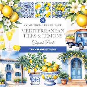 Clipart citrons aquarelle, douche nuptiale citron, clipart aquarelle méditerranéen, carrelage blanc bleu, motif sans couture de carrelage méditerranéen