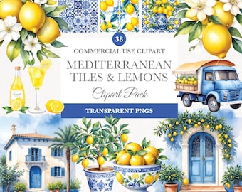 Watercolor Lemons Clipart, Lemon Bridal Shower, Mediterranean Watercolor Clipart, Blue White Tile , Mediterranean Tile Seamless Pattern