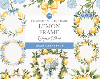 Lemon Frame Clipart, Watercolor Citrus PNG, Digital Download for Wedding Invitations, Floral Summer Art
