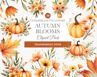 Autumn Bouquets Clipart, Pumpkin Clipart, Terracotta Flowers, Fall Florals, Pumpkin Art, Autumn Watercolor Clipart, Watercolor pumpkin