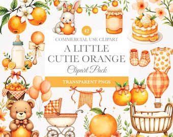 A Little Cutie Baby Shower Clipart, Watercolor Citrus Oranges, Cute PNG, Digital Download, Commercial Use, Orange Blossom Watercolor