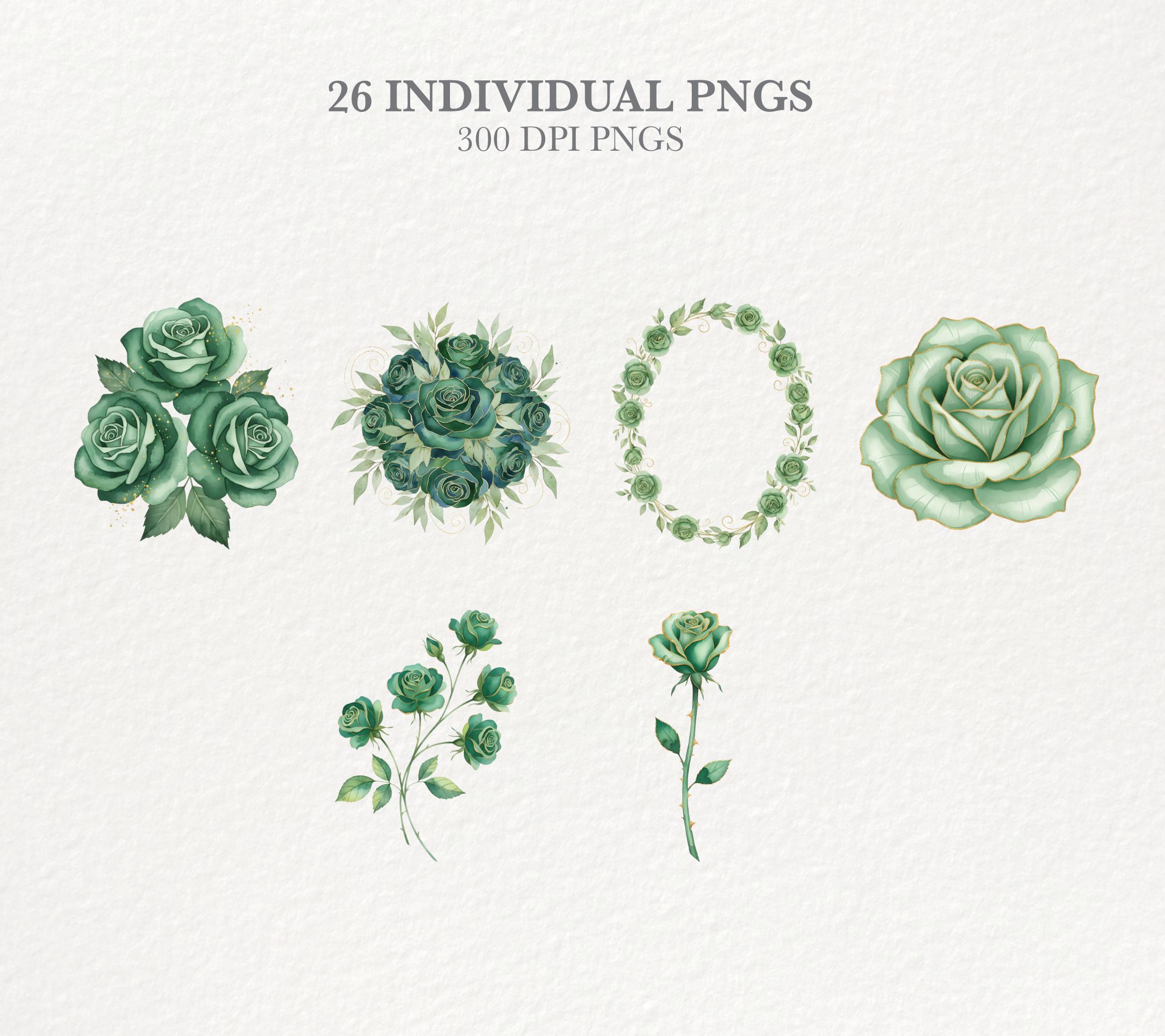 Emerald Green Roses Clipart, Watercolor Flower Art for Weddings ...