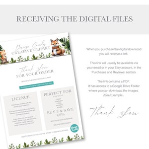 May include: A digital download information card with a green and brown leafy border. The card has a fox illustration and the text "Design Candy Creative Clipart". The text "Thank You for Your Order" is in a large font. The card also includes information about the license, perfect for use with, buy 5 and save 60%, and don't forget to follow the store to see new listings.