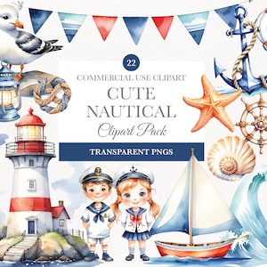 Clipart nautico ad acquerello, clipart marino, mare, clipart faro ad acquerello, riva, gabbiani, ancora, barche, download immediato, PNG