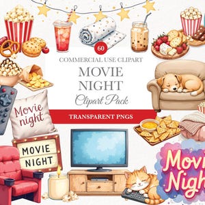 Movie Night Clipart, Digital Download, Cinema Graphics, Popcorn Art, Film Illustrations, Commercial Use PNG, Fun Movie Party Decor