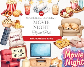 Clipart filmavond, digitale download, bioscoopgraphics, popcornkunst, filmillustraties, commercieel gebruik PNG, decor van het feest van de leuke film, bioscoopgraphics, popcornkunst
