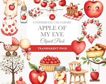 Apple of My Eye Clipart, Watercolor Baby Shower PNG, Rustic Gingham Decor, Commercial Use Graphics