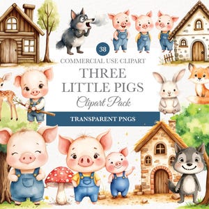 Drei kleine Schweinchen Clipart, süßes Ferkel, böser Wolf, Märchen Abbildungen, kleine Schweinchen Clipart, böser Wolf, süßes Schweinchen, Kinderreim