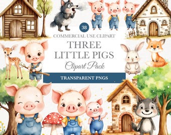 Three Little Pigs Clipart , Cute Piglet, Big Bad Wolf, Fairy Tale Illustrations, Little Pigs Clipart, Big Bad Wolf, Cute Pig, Nursery Rhyme